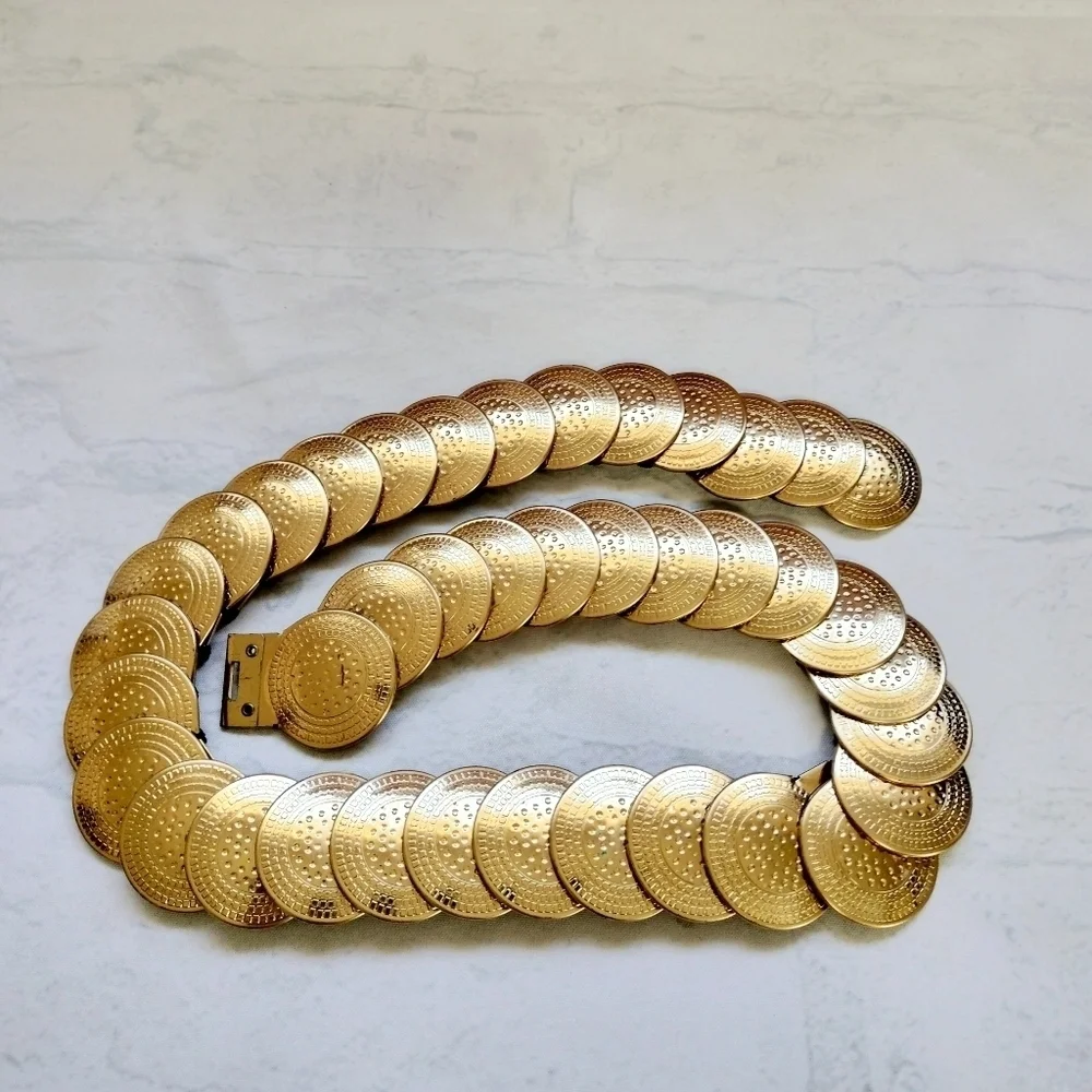 Gold Tone Coin Stretch Belt Glam Rock 80s Vintage Retro Women's